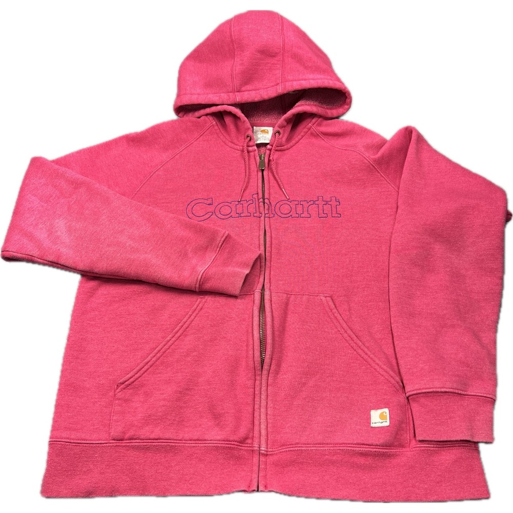90s Carhartt Womens Pink Full Zip Hoodie Embroidered Logo Sweatshirt Large 12/14